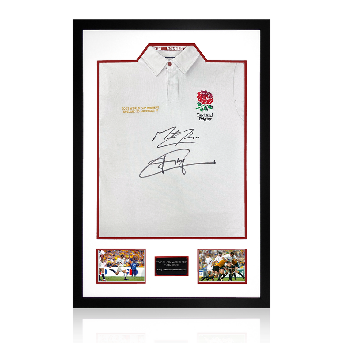 Martin Johnson & Jonny Wilkinson Signed England Rugby World Cup Winners Shirt Premium Frame