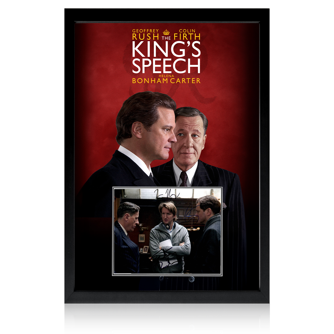 Colin Firth, Geoffrey Rush & Tom Hooper Signed The Kings Speech Image Iconic Frame (AFTAL Authentication)