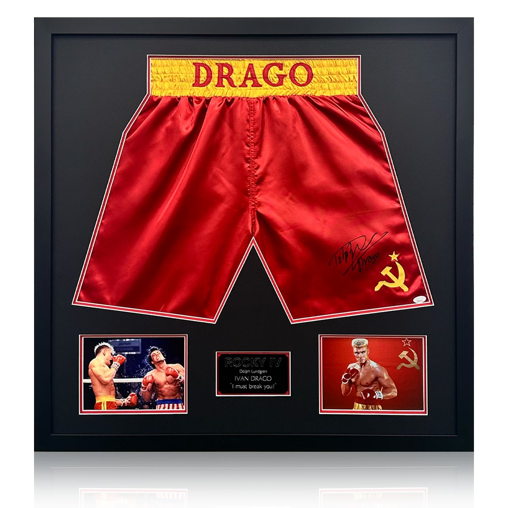 Dolph Lundgren Signed Ivan Drago Rocky IV Boxing Shorts Elite Frame (JSA)