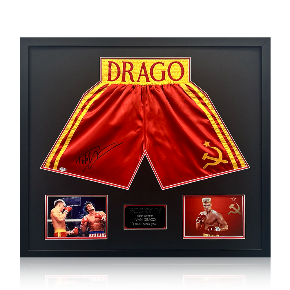 Dolph Lundgren Signed Ivan Drago Rocky IV Boxing Shorts Elite Frame (PSA)