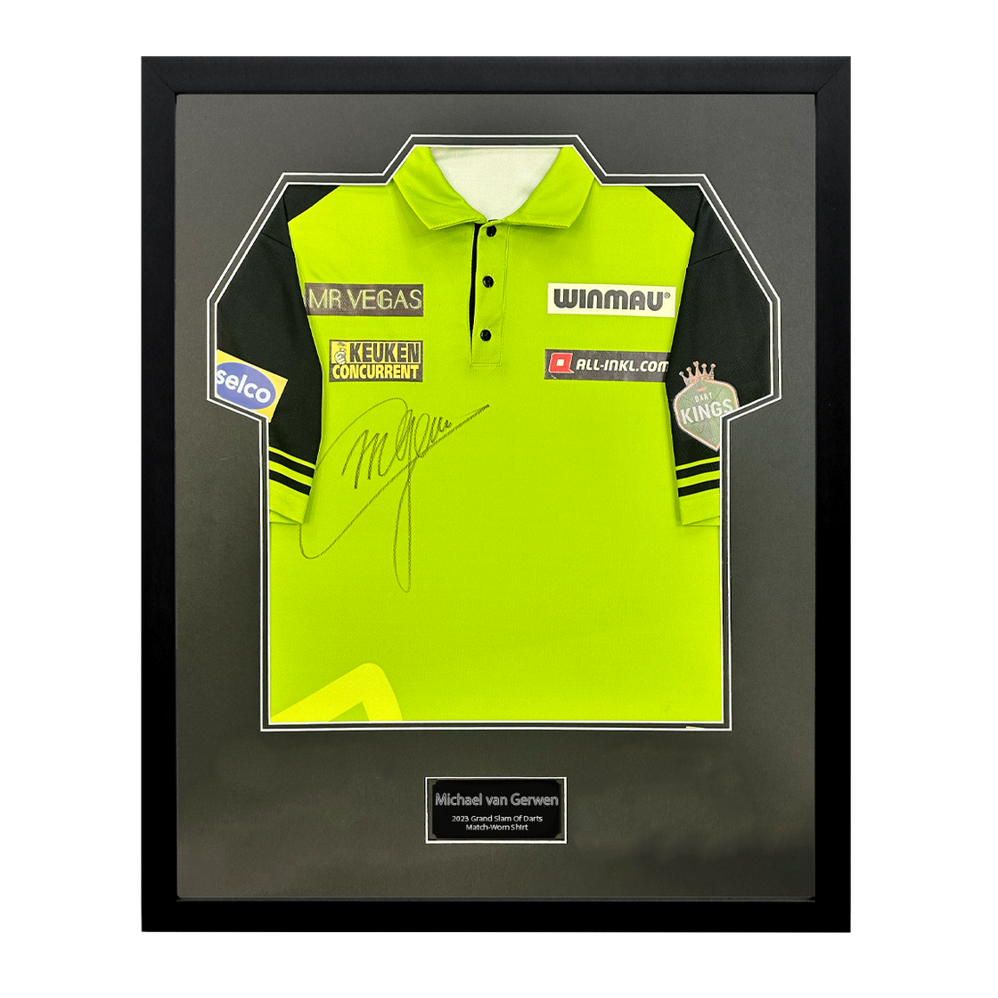 Michael van Gerwen Signed Match-Worn 2023 Grand Slam Of Darts Shirt Premium Frame