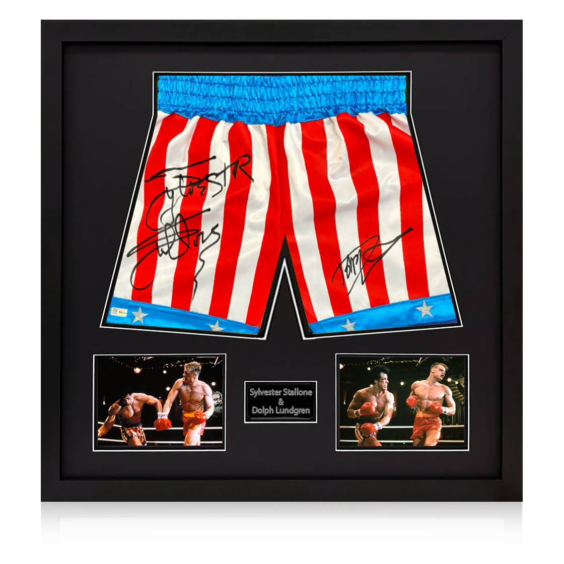 Sylvester Stallone & Dolph Lundgren Signed Rocky 4 Shorts Elite Frame (Online Authentics)