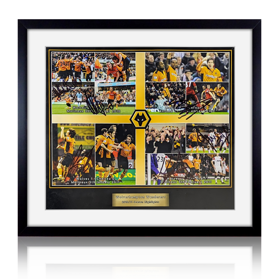 Edwards, Milijas, Ward, Hunt, Doyle & Elekobi Signed Wolverhampton Wanderers 10/11 Deluxe Mount Display